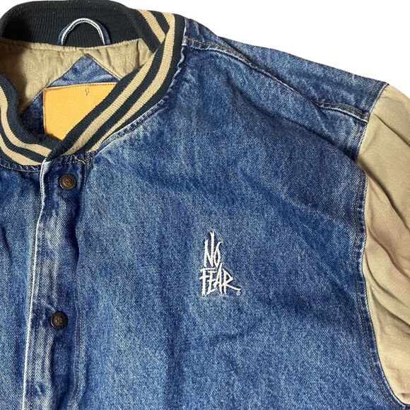 No Fear Varsity Jacket Mens L Denim Blue Beige Sleeve 90s Y2K Streetwear Retro - Picture 2 of 13